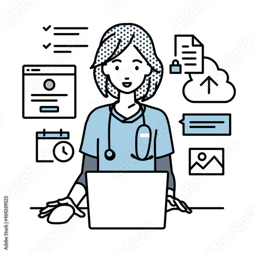 デスクで座ってPCでプロジェクトやタスクの管理の仕事をしている看護師の女性