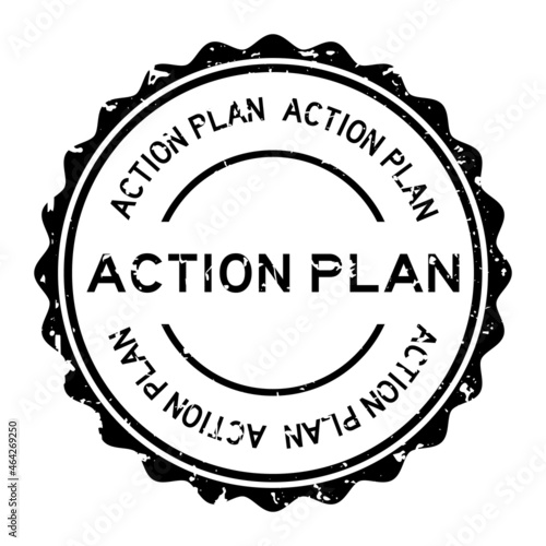 Grunge black action plan word round rubber seal stamp on white background