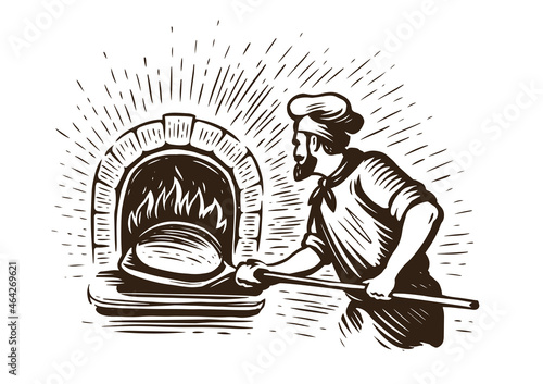 Baker making fresh bread in stone oven. Sketch style hand drawn vintage vector illustration
