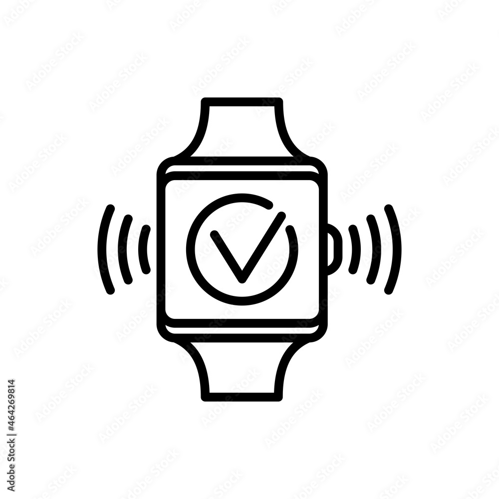 Contactless payment thin line icon: approved operation on smart watch screen. Modern vector illustration.