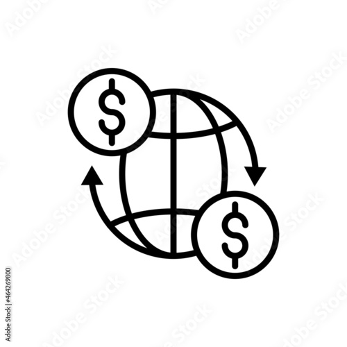 Global transfer thin line icon: money moving around globe. Modern vector illustration.