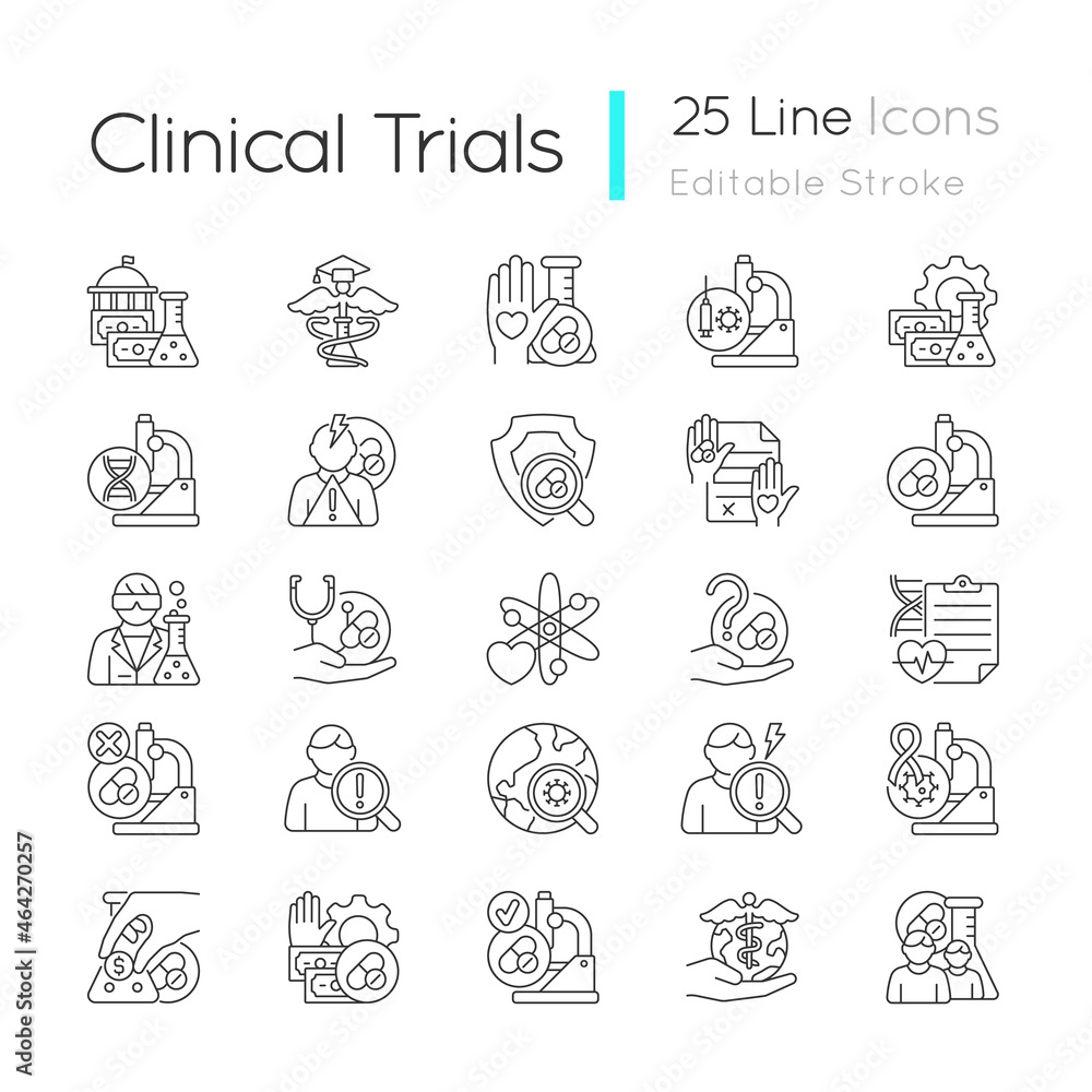 Clinical trials linear icons set. Experimental medicine research. Clinical scientist. New drugs testing. Customizable thin line contour symbols. Isolated vector outline illustrations. Editable stroke Clinical trials linear icons set. Experimental medicine research. Clinical scientist. New drugs testing. Customizable thin line contour symbols. Isolated vector outline illustrations. Editable stroke