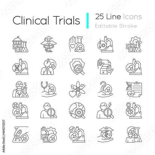 Clinical trials linear icons set. Experimental medicine research. Clinical scientist. New drugs testing. Customizable thin line contour symbols. Isolated vector outline illustrations. Editable stroke