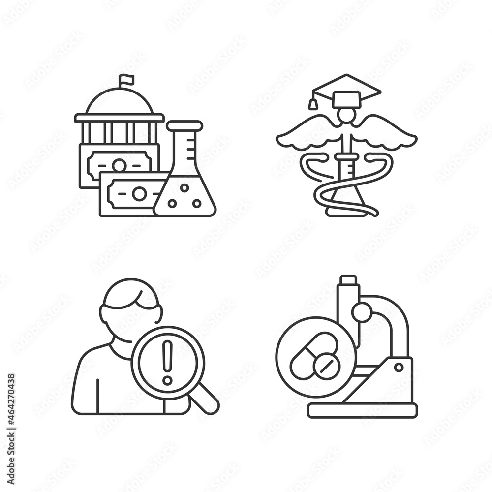 Experimental medicine linear icons set. Government funding. Medical school. Studying risk factors. Customizable thin line contour symbols. Isolated vector outline illustrations. Editable stroke