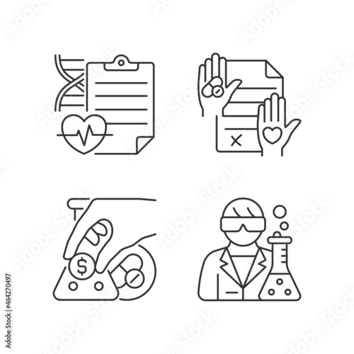 Experimental research linear icons set. Measure clinical outcomes. Informed consent. Crowdfunding. Customizable thin line contour symbols. Isolated vector outline illustrations. Editable stroke