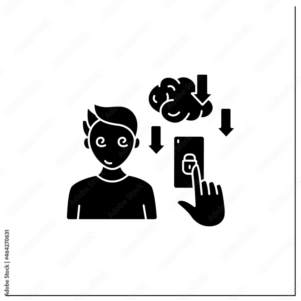Smartphone addiction glyph icon. Overuse of phone reduces productivity.Phone dependence. Overwhelmed concept. Filled flat sign. Isolated silhouette vector illustration