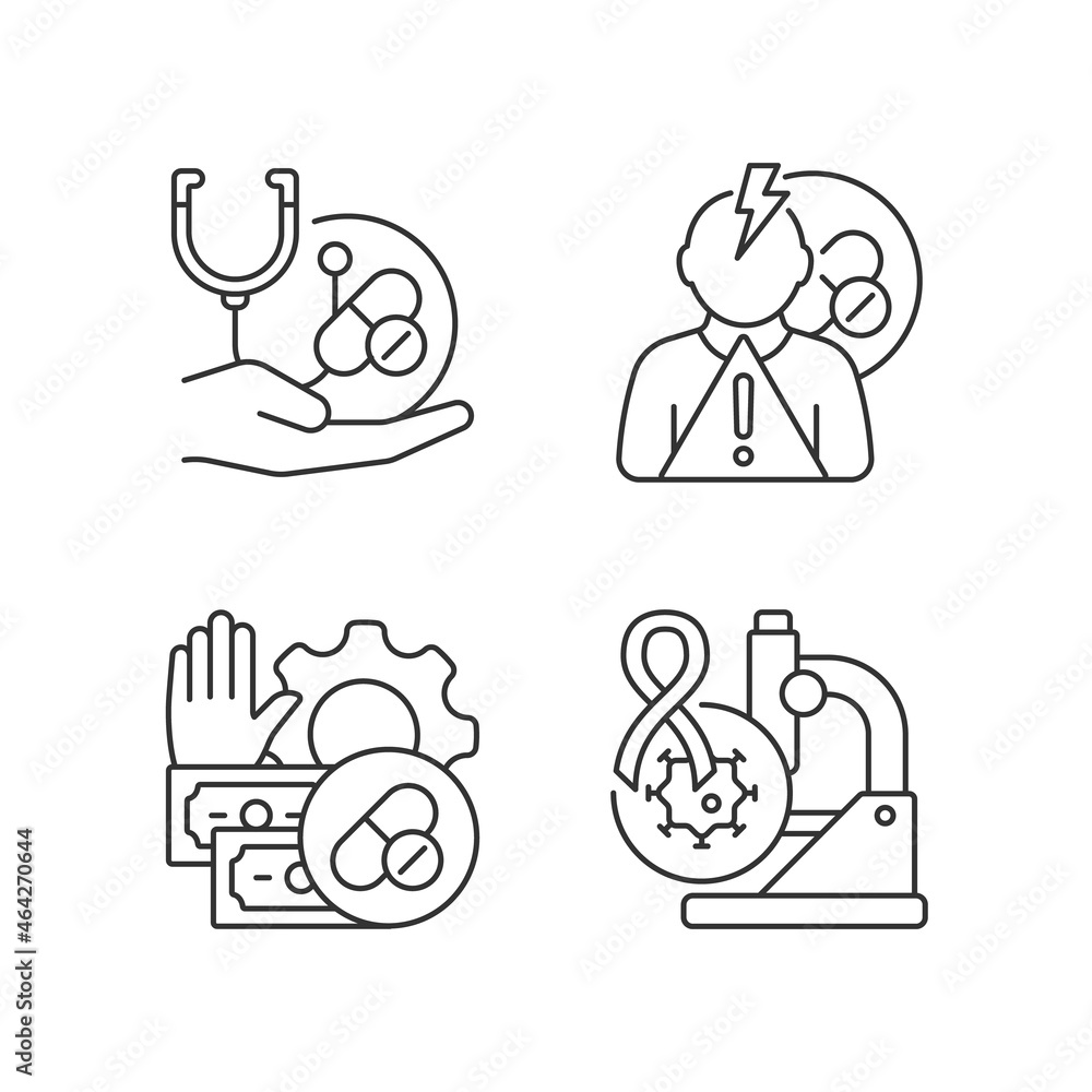 Drug-potency studies linear icons set. Improving treatment. Side ...