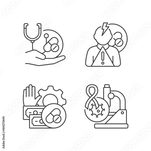 Drug-potency studies linear icons set. Improving treatment. Side effects risk. Feasibility process. Customizable thin line contour symbols. Isolated vector outline illustrations. Editable stroke