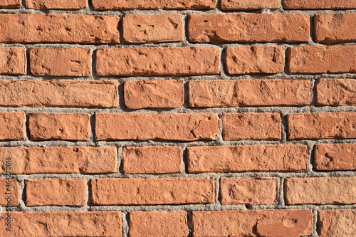 Vintage, old orange brick wall texture, flat lay, top view background.