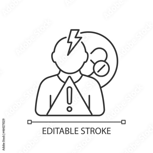 Side effects risk linear icon. Experimental drug reactions. Testing potential treatments. Thin line customizable illustration. Contour symbol. Vector isolated outline drawing. Editable stroke