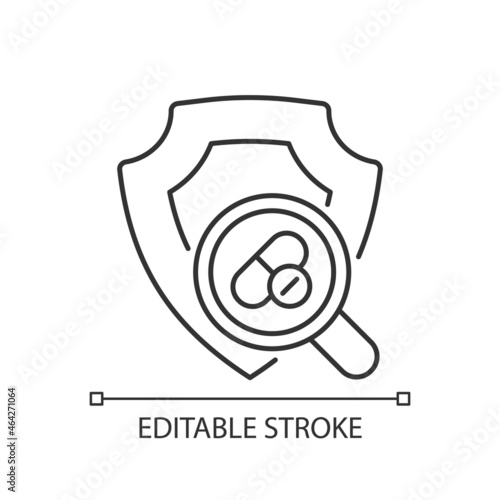 Checking safety of new drugs linear icon. Dose response assessment. Acute toxicity tests. Thin line customizable illustration. Contour symbol. Vector isolated outline drawing. Editable stroke
