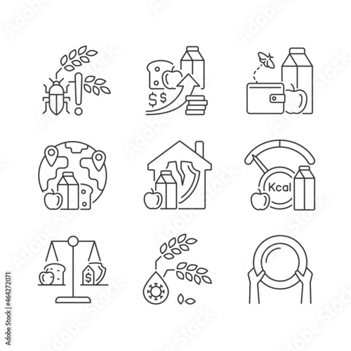 Hunger reasons linear icons set. Pests and harvest loss danger. Financial problem that lead to hunger. Customizable thin line contour symbols. Isolated vector outline illustrations. Editable stroke