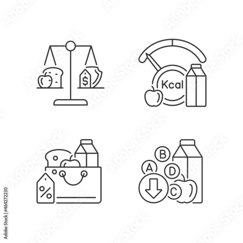 Insufficient food consumption linear icons set. Malnutrition and hunger issue. Grocery products sale. Customizable thin line contour symbols. Isolated vector outline illustrations. Editable stroke