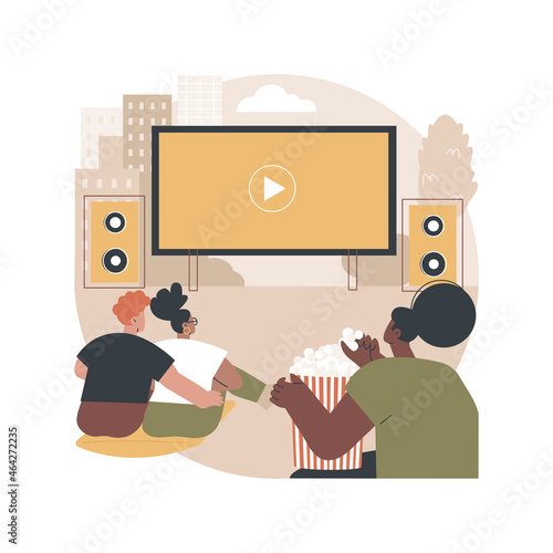 Open air cinema abstract concept vector illustration. Open air movie theater, backyard cinema, watch film outdoors, drive-in service, buy tickets online, rent inflatable screen abstract metaphor.