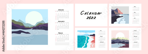 Calendar 2022. Beautiful minimalist landscape. Trendy vector illustrations.
