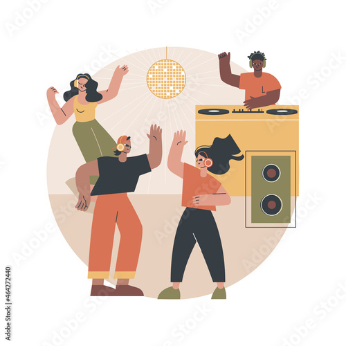 Silent disco abstract concept vector illustration. Headphones party, quiet rave trend, silent disco equipment rental, music listening experience, club event, DJ set streaming abstract metaphor. photo