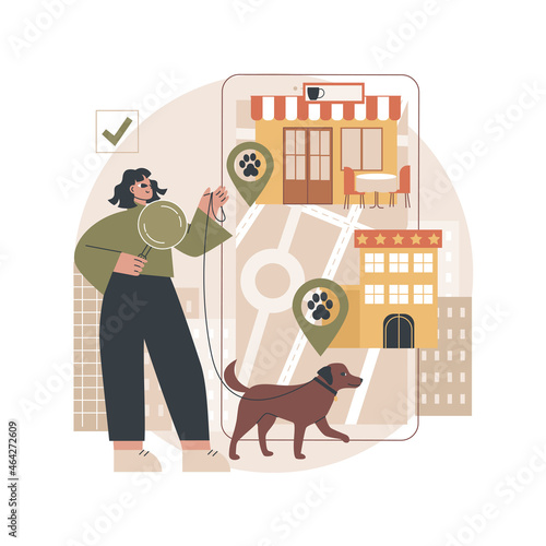 Pet friendly place abstract concept vector illustration. Animals welcome sign, dog friendly restaurant, place to stay with pets, free walking area, shopping, bed and breakfast abstract metaphor.