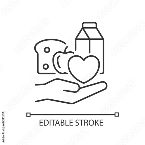 Food donation linear icon. Charity organizations. Lack of products consumption. Food insecurity. Thin line customizable illustration. Contour symbol. Vector isolated outline drawing. Editable stroke