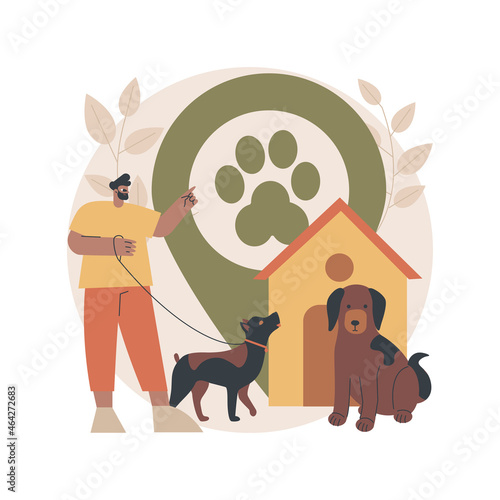 Dogs friendly place abstract concept vector illustration. Dog friendly restaurant, special area for dogs free walking, welcome sign, hotel accepting animals, shopping with pet abstract metaphor.