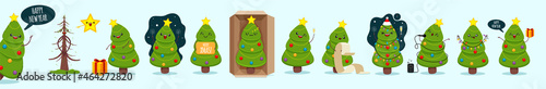 Mega Set of cute happy christmas trees with different emotions and face expressions for christma party. Merry christmas trees in cartoon style do different tasks.