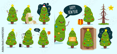 Mega Set of cute happy christmas trees with different emotions and face expressions for christma party. Merry christmas trees in cartoon style do different tasks.