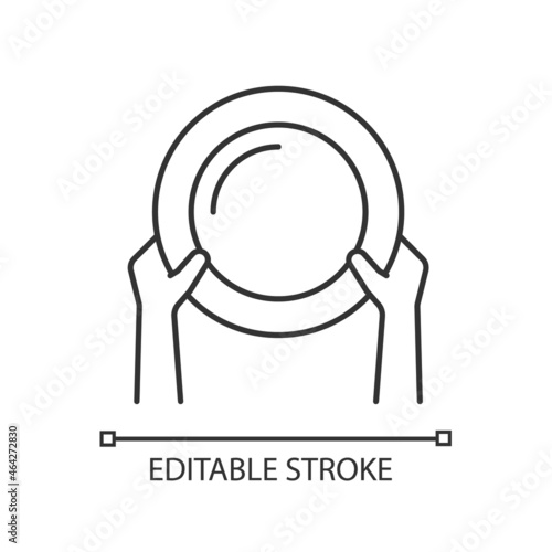 Asking for food linear icon. Poverty and starvation. Lack of nutrition. Food insecurity. Thin line customizable illustration. Contour symbol. Vector isolated outline drawing. Editable stroke