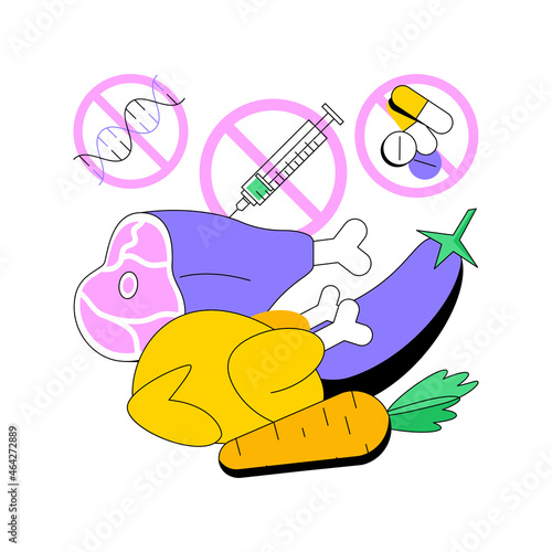 Free from antibiotics hormones GMO foods abstract concept vector illustration. Organic products livestock, organic farming, choose healthy foods, rich nutrient diet, farm market abstract metaphor.