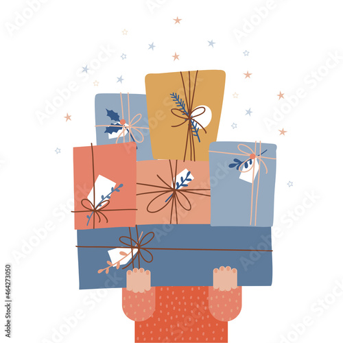 Concept of preparing for the new year. Buying or giving holiday gifts for Christmas. Character barely carries a huge pile of gifts. Front view of man or woman with stack of gift boxes. Flat vector