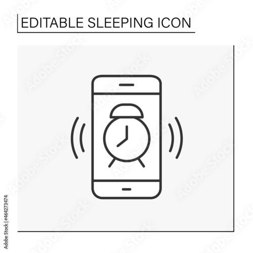 Alarm clock line icon. Waking up. Alarm clock on mobile phone. Sleeping concept. Isolated vector illustration. Editable stroke
