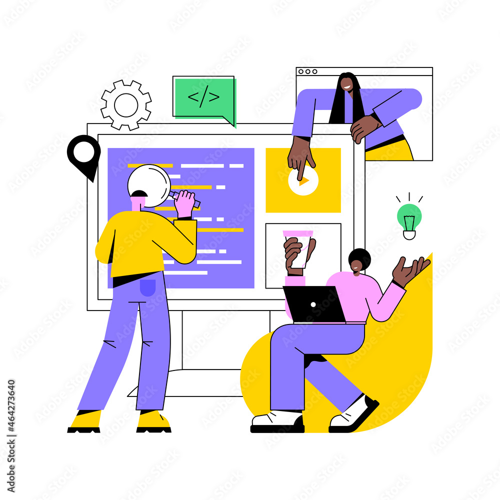 Obraz premium Software development team abstract concept vector illustration. Remote teamwork, digital team on demand, professional, certified software developer, hire outsource company abstract metaphor.