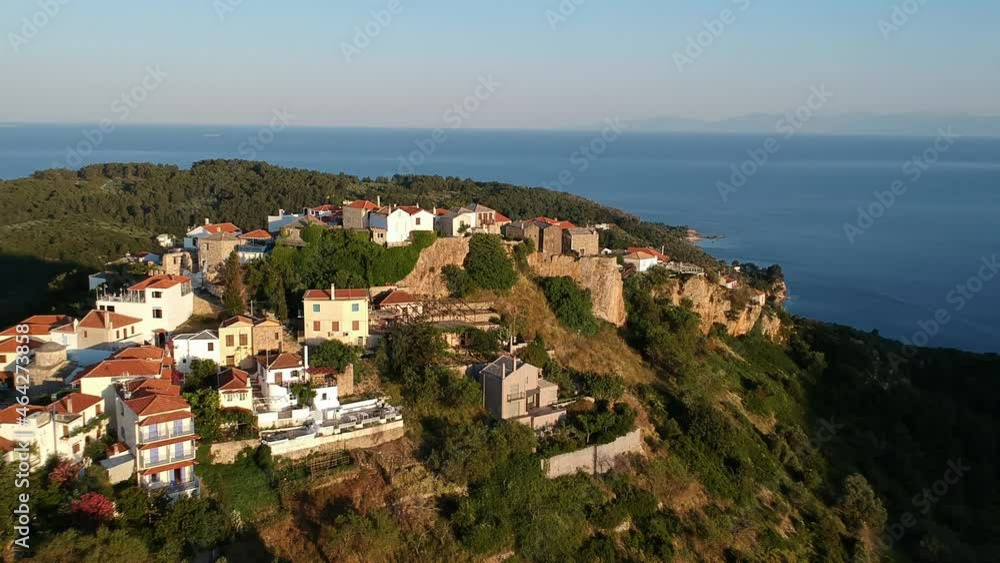 Aerial panoramic view over Chora the beautiful old Village of Alonnisos island in Sporades, Greece Aerial panoramic view over Chora the beautiful old Village of Alonnisos island in Sporades, Greece