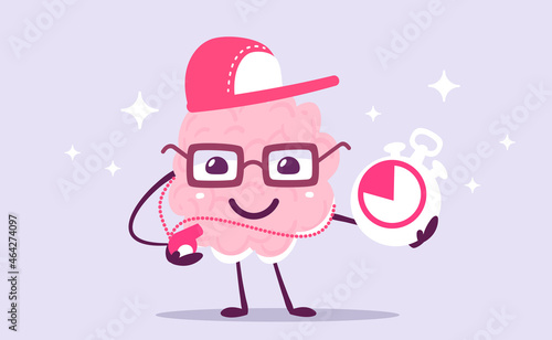 Vector Creative Illustration of Happy Brain in Sport Cap and Glasses on Color Background. Flat Doodle Style Knowledge Concept Design of Happy Smile Human Brain Character with Whistle and Stopwatch