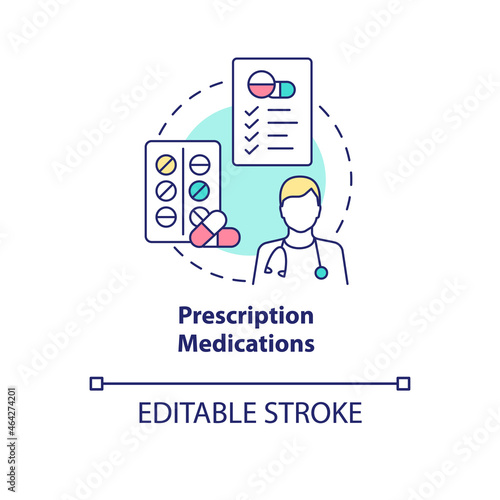 Prescription medications concept icon. Pneumonia treatment abstract idea thin line illustration. Antibiotics for bronchitis. Antivirals intake. Vector isolated outline color drawing. Editable stroke