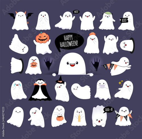 Collection of cute happy ghosts with different emotions and face expressions. White scary spirits in cartoon style. Cute baby ghosts for Halloween party