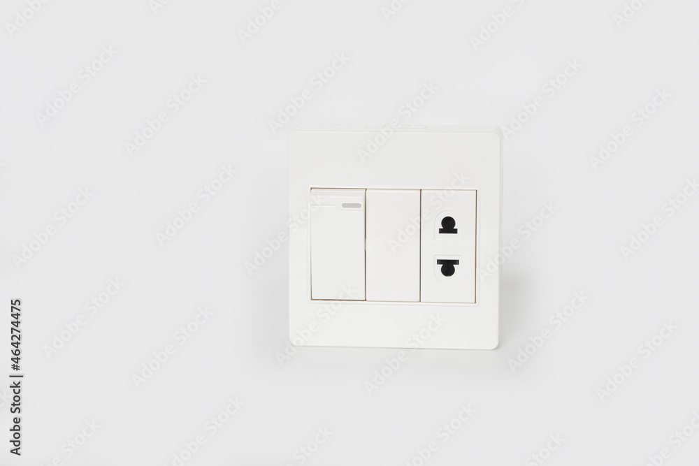 Electrical socket plug and switch on white background Electrical socket plug and switch on white background