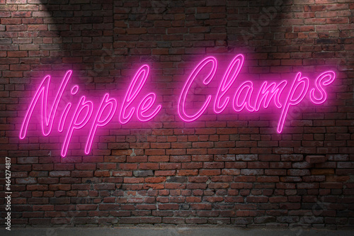 Neon BDSM Nipple clamps lettering on Brick Wall at night
