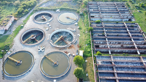 Water recycling sewage station from above. Drone aerial perspective view.