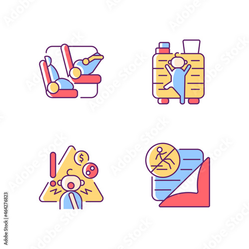 Accidents prevention RGB color icons set. Falling and choking precaution. Child safety. Car seat and belt to protect kid in car. Isolated vector illustrations. Simple filled line drawings collection