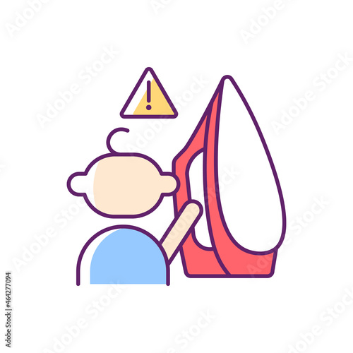 Child and hot iron RGB color icon. Baby safety at home. Skin injuries and burns prevention. Risk of thermal damage. Keep away from kids. Isolated vector illustration. Simple filled line drawing