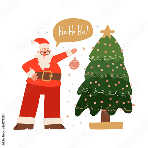 Happy Santa Claus is decorating the Christmas tree. Festive character hanging xmas toy. Flat vector illustration Isolated on a white background. Greeting card with Lettering hohoho