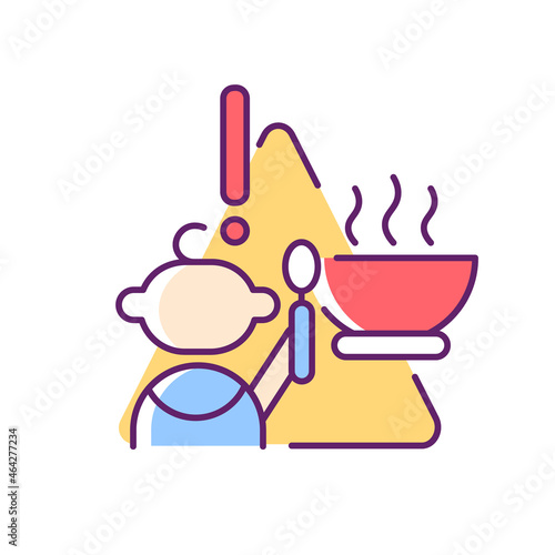 Child and hot food RGB color icon. Baby safety at home. While eating supervision required. Burn and injuries prevention. Infant security. Isolated vector illustration. Simple filled line drawing