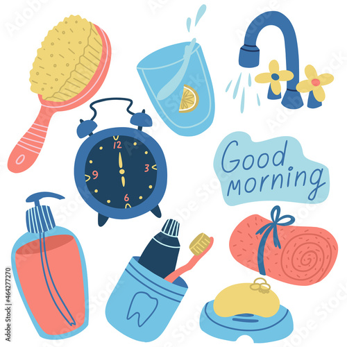 A set of elements morning hygiene and human routine
