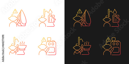Skin burns danger gradient icons set for dark and light mode. Child safety at home. Thin line contour symbols bundle. Isolated vector outline illustrations collection on black and white