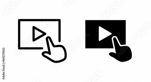 Hand Pointer select video thin line icon editable stroke, online education concept, finger cursor open media file sign, hand click close video icon in outline style. Vector graphics.