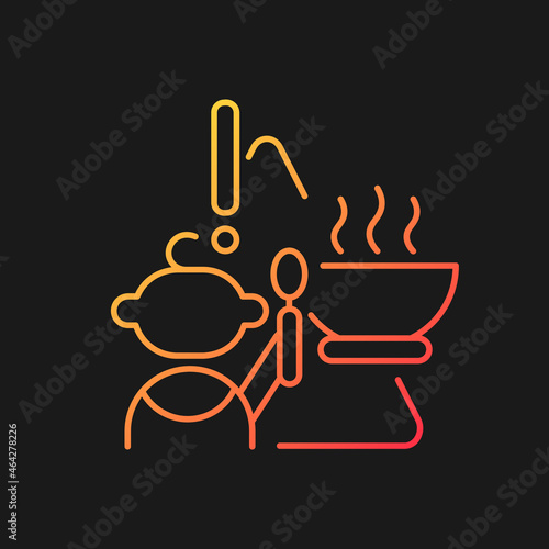 Child and hot food gradient vector icon for dark theme. Baby safety. Burn and injuries prevention. Infant security. Thin line color symbol. Modern style pictogram. Vector isolated outline drawing