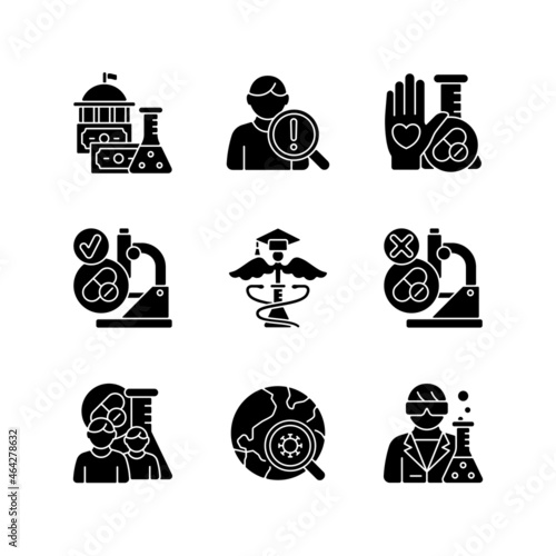 Clinical study black glyph icons set on white space. Evaluating new drugs and treatments. Government funding. Clinical epidemiology. MAMS trials. Silhouette symbols. Vector isolated illustration