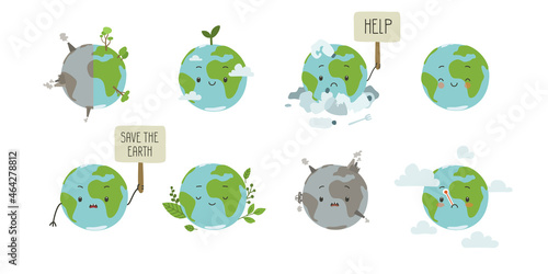 Planet earth ecology problem and conservation set. Cute doodle bundle of stickers. World globe with child face. Global warming, plastic pollution, air pollution, care, green world.