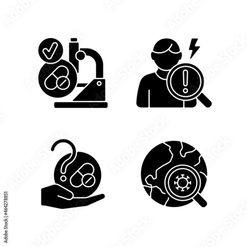 Testing potential treatments black glyph icons set on white space. Successful research. Observational studies. Blind trials. Epidemiological study. Silhouette symbols. Vector isolated illustration