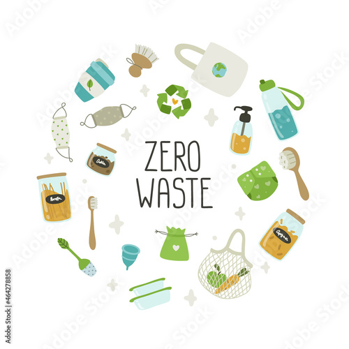 Circle frame of reusable alternative things by zero waste concept. Cute doodle style.