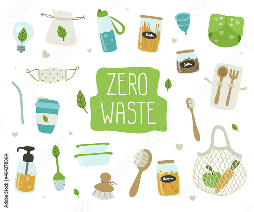Zero waste cute doodle reusable things collection. Bundle of eco friendly elements of lifestyle.